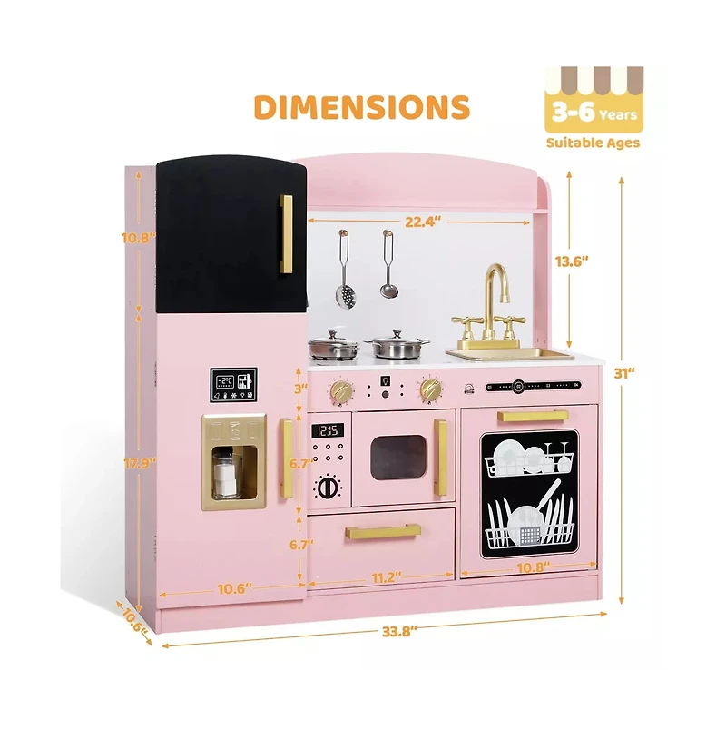 Kinder King Wooden Pretend Play Kids Kitchen, Toy Kitchen Playset w/Oven, Microwave for Boys Girls Age 3