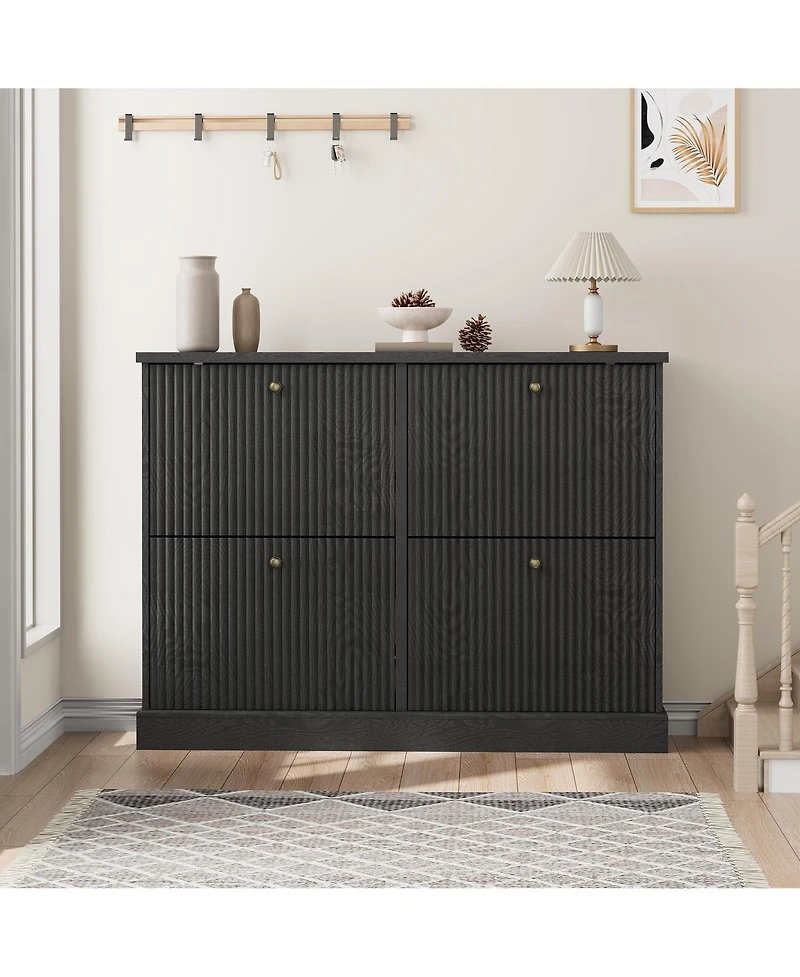 Homfan Shoe Cabinet with 4 Flip Drawers,Freestanding Adjustable Shelves and Thicken Top, Fluted Design, Wooden Narrow Organizer