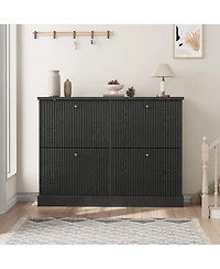 Homfan Shoe Cabinet with 4 Flip Drawers,Freestanding Adjustable Shelves and Thicken Top, Fluted Design, Wooden Narrow Organizer