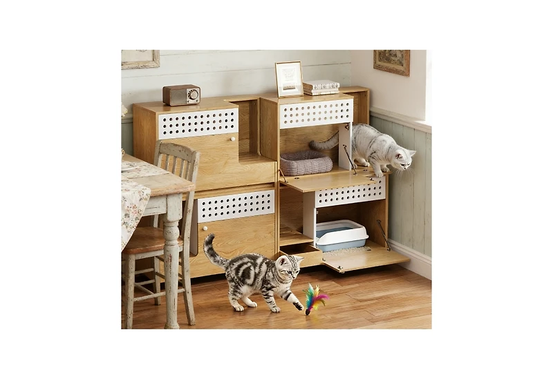 Zeus and Ruta 2 Piece Modern Cat Furniture Set With Litter Box Enclosure Side Table and Storage