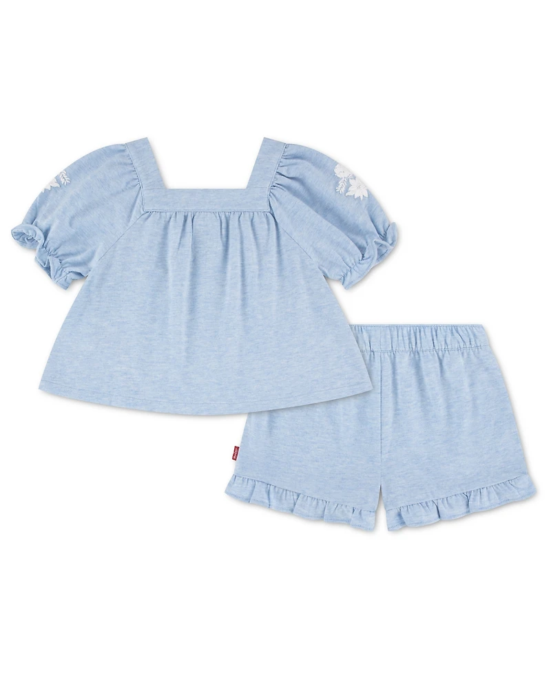 Levi's Girls' Toddler 2T-4T Peasant Top and Shorts, 2-Piece Set