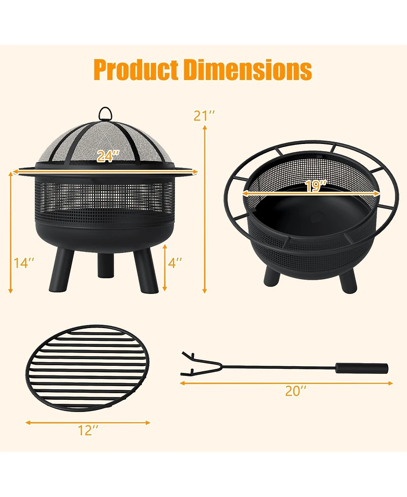 Sugift 24 in Wood Burning Fire Pit with Log Grate and Mesh Screen