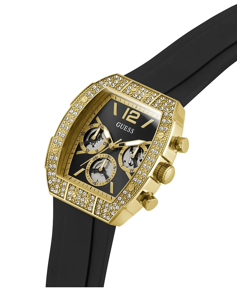 Guess Men's Crystal Gold-Tone Stainless Steel Black Silicone Multi-Function Watch, 41mm