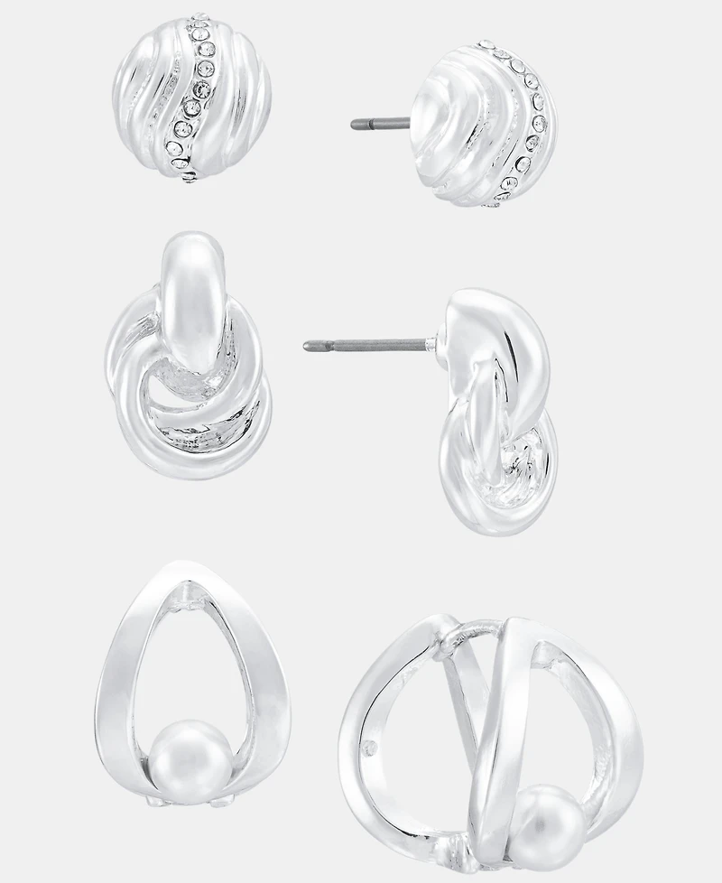 Anne Klein Silver-Tone Fluted Dome Textured Faux Pearl Earrings, Set of 3