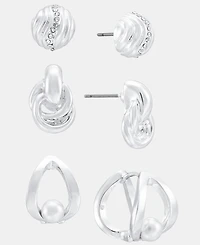 Anne Klein Silver-Tone Fluted Dome Textured Faux Pearl Earrings, Set of 3
