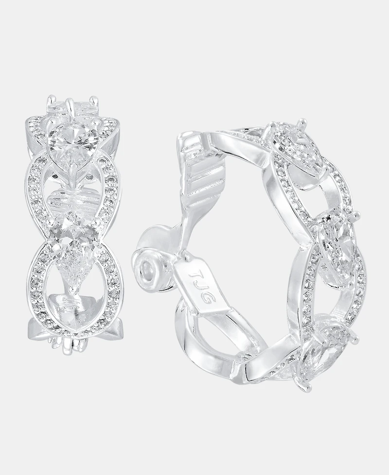 Anne Klein Silver-Tone Navette Pearl Stone Hoop Ez Comfort Clip Earrings