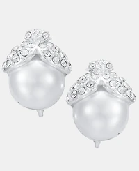 Anne Klein Silver-Tone Imitation Pearl Stone Button Ez Comfort Clip Earrings
