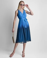 Dkny Women's Sleeveless Faux Wrap Surplice Neck Ombre Midi Dress