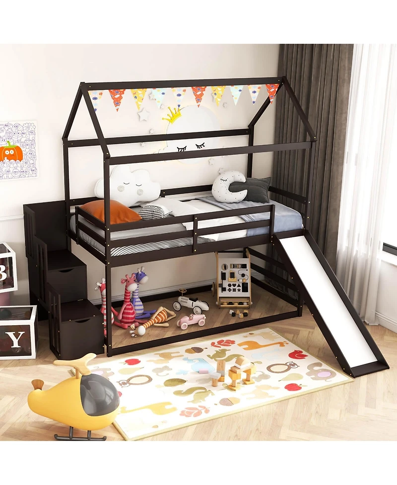 Gymax Loft Bed w/ Slide and Storage Staircase Twin Over Twin House-shaped Bunk Bed