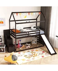 Gymax Loft Bed w/ Slide and Storage Staircase Twin Over Twin House-shaped Bunk Bed