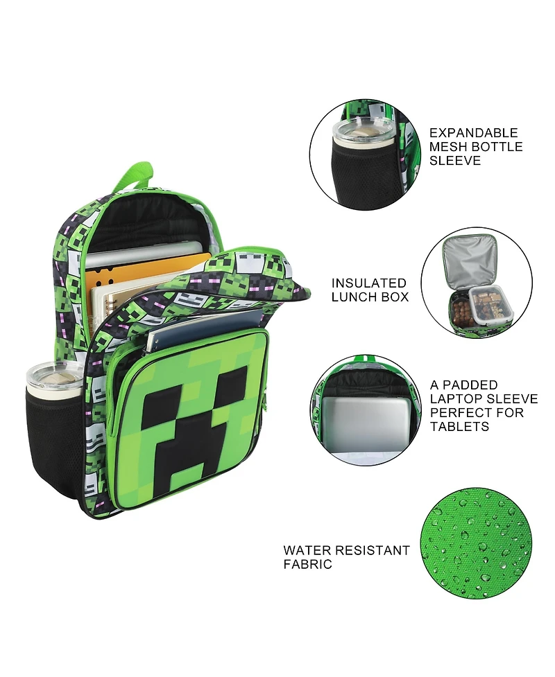 Minecraft Creepers 2-Piece 16"Premium Backpack and Lunch Box Set For School And Travel
