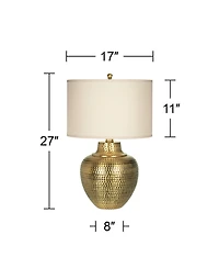 Franklin Iron Works Rustic Farmhouse Table Lamps 27" Tall Set of 2 Antique Brass Hammered Metal Cream Linen Drum Shade for Bedroom House