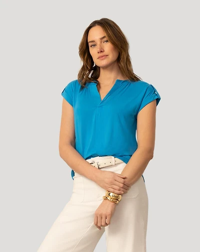 Cable & Gauge Women's Split Neck Sleeve Tab Top