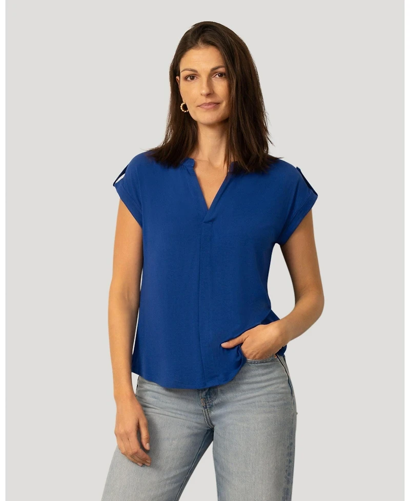 Cable & Gauge Women's Split Neck Sleeve Tab Top