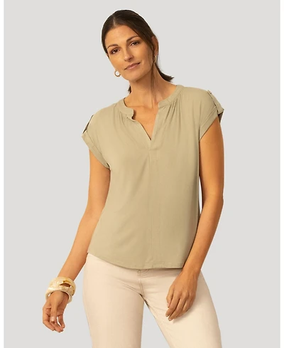 Cable & Gauge Women's Split Neck Sleeve Tab Top