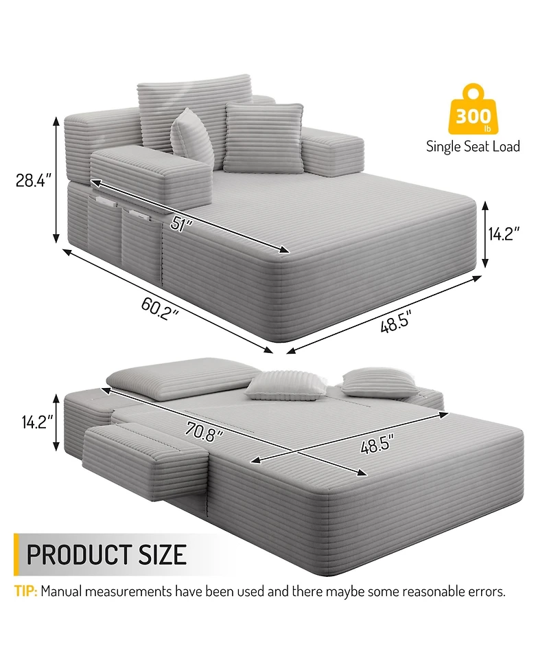 Rainsken Plush Corduroy Convertible Chaise Chair, Sofa Bed with Storage Pocket and 3 Pillows, Frameless Design and Compression Foam for Living Room
