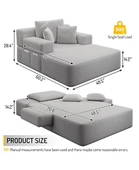 Rainsken Plush Corduroy Convertible Chaise Chair, Sofa Bed with Storage Pocket and 3 Pillows, Frameless Design and Compression Foam for Living Room