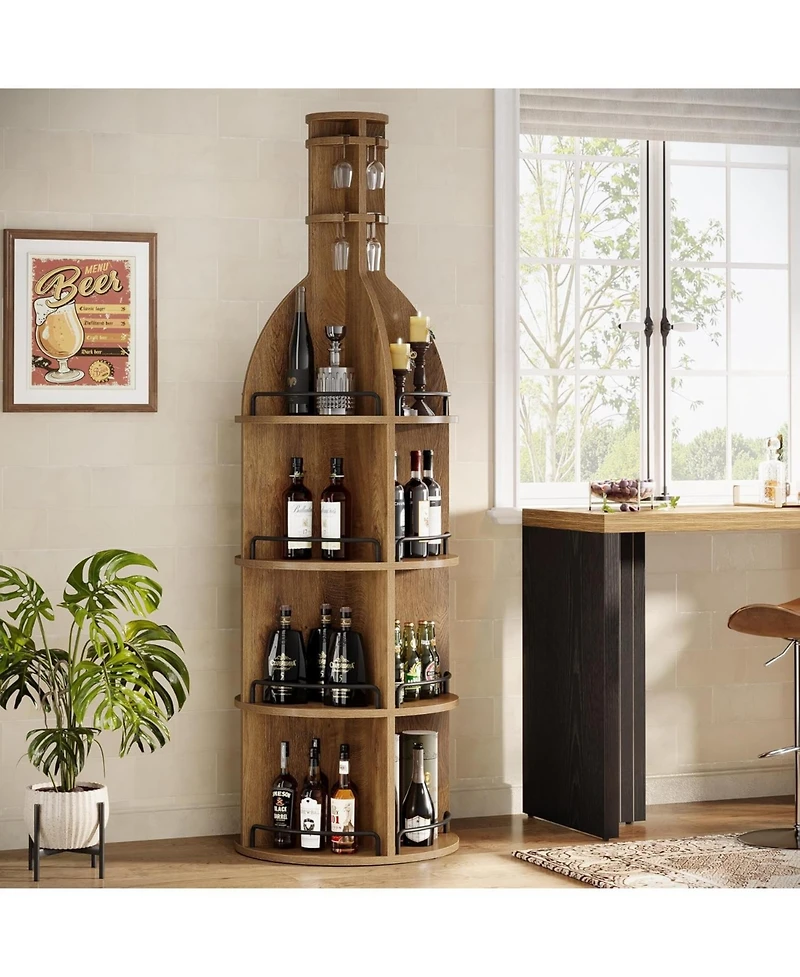 Tribesigns 75" Tall Wine Rack with Storage Shelves, Industrial Round Wine Cabinet with Hanging Goblet Holder