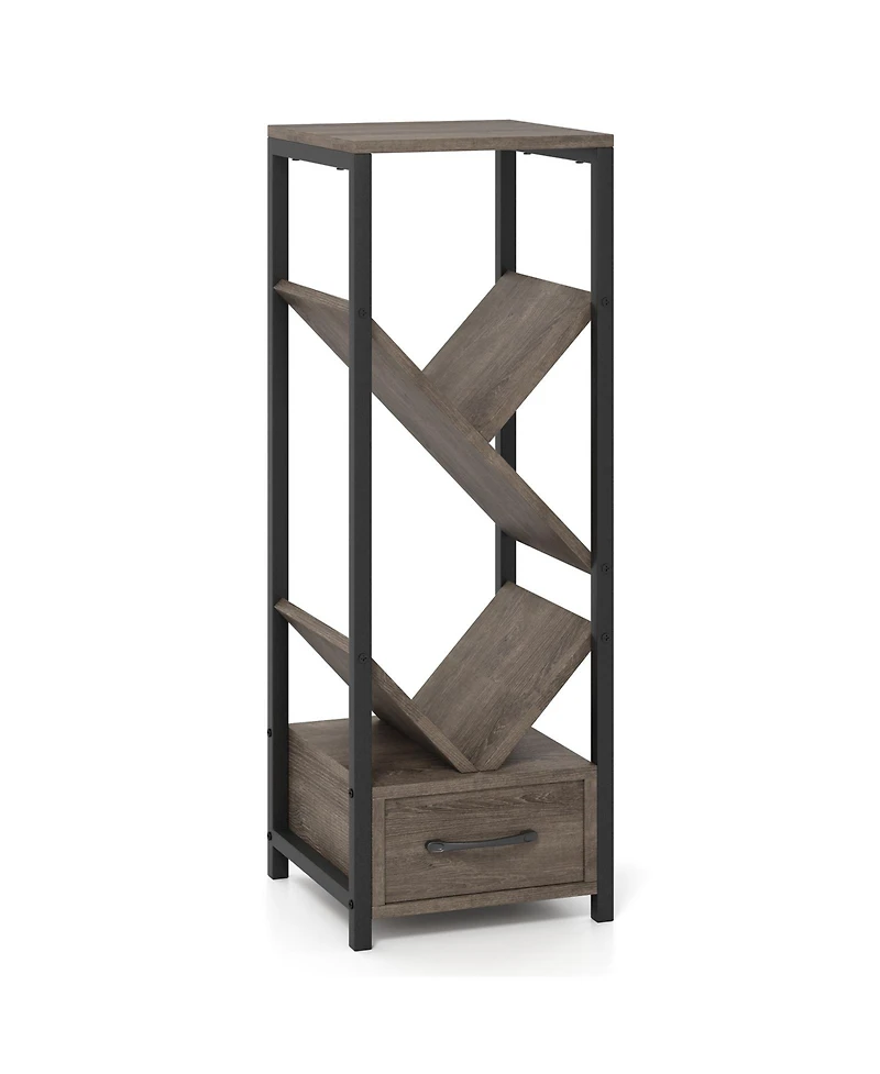 Slickblue 4 Tier Floor Tree Bookshelf with Drawer and Metal Frame