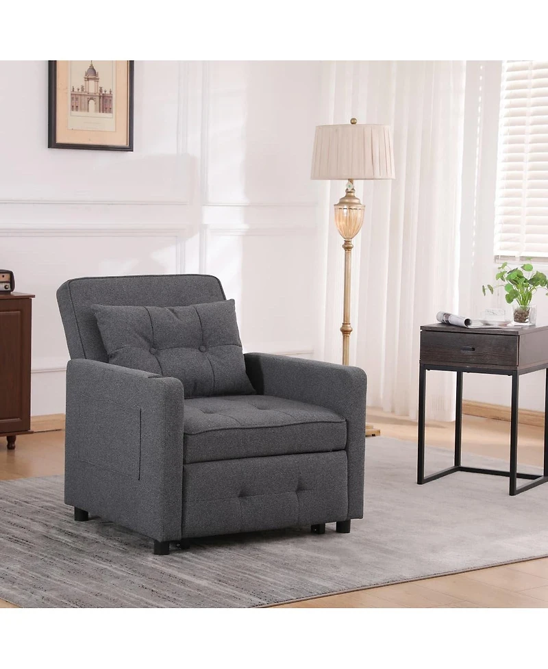 Maison Boucle Single Sleeper Chair with Usb Port and Cup Holder, Linen Pull Out Armchair Bed with Adjustable Backrest for Guest Room or Office