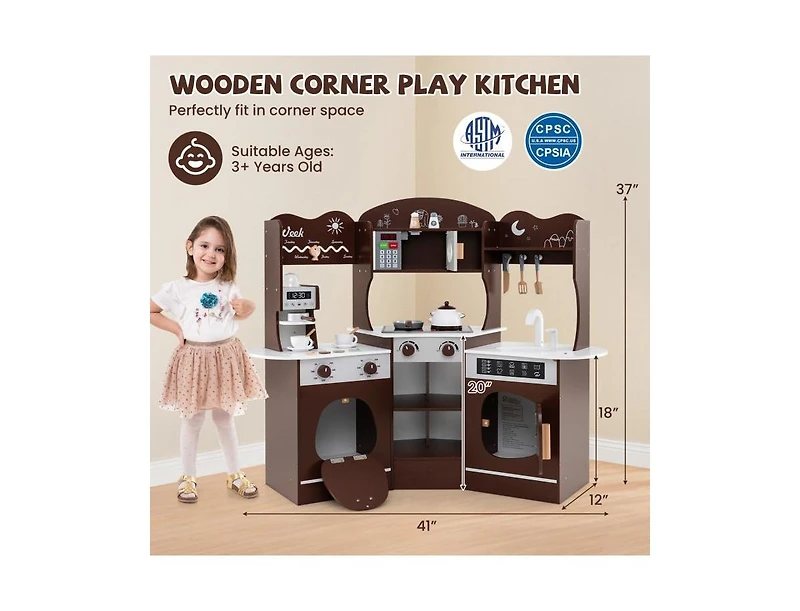 Hongge Corner Wooden Play Kitchen with Coffee Machine and Slide for Kids.