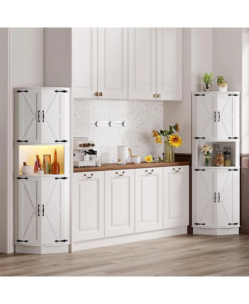 gaomon 64.6" Farmhouse Corner Cabinet with Led Light, Tall Bathroom Cabinet with 4 Barn Doors and 5 Tier Shelves, Freestanding Corner Bar Cabinet