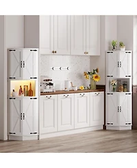 gaomon 64.6" Farmhouse Corner Cabinet with Led Light, Tall Bathroom Cabinet with 4 Barn Doors and 5 Tier Shelves, Freestanding Corner Bar Cabinet