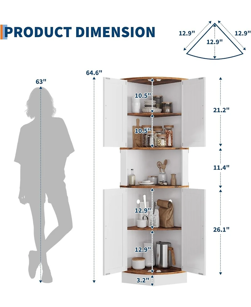 gaomon 64.6" Farmhouse Corner Cabinet with Led Light, Tall Bathroom 4 Barn Doors and 5 Tier Shelves, Freestanding Bar