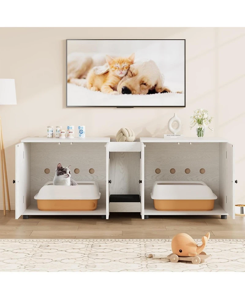 gaomon Cat Litter Box Enclosure 55.1" Double Litter Box Furniture Large Cat Box Enclosure Kitty Litter Box for 2 Cats Hidden Cat Litter Cabinet