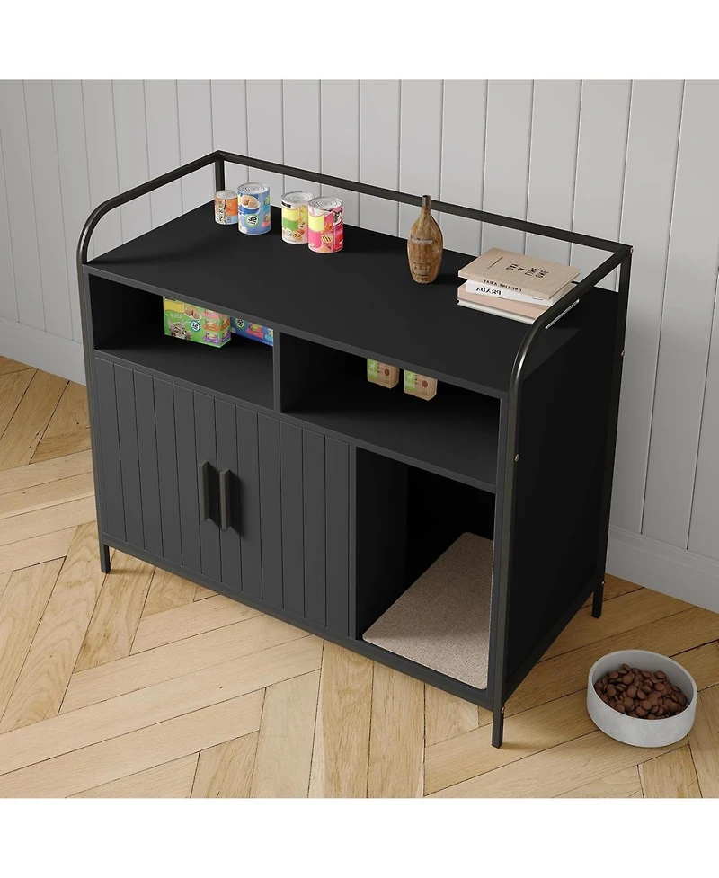 gaomon Cat Litter Box Enclosure - Hidden Litter Box Furniture with 2 Open Compartments, Scratching Mat, Double-Door Storage Cabinet