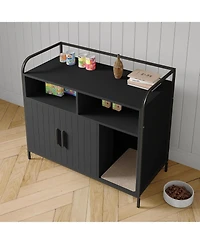 gaomon Cat Litter Box Enclosure - Hidden Litter Box Furniture with 2 Open Compartments, Scratching Mat, Double-Door Storage Cabinet