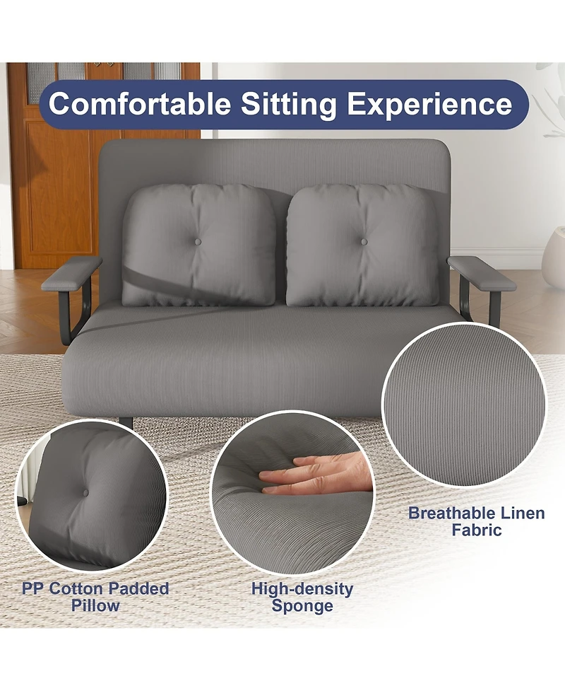 Rainsken Corduroy Convertible Loveseat Sofa Bed with 5-Level Adjustable Backrest, Modern Folding Couch Sofa with Throw Pillow for Living Room, Bedroom