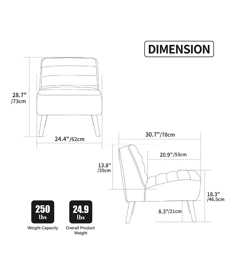 Boyel Living Modern Armless Accent Chair with Metal Legs, Velvet Upholstered Small for Room, Bedroom and Office