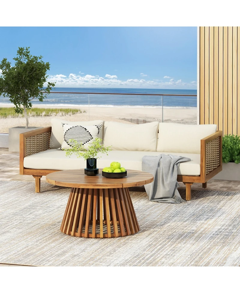 Flynama Weather Resistant Wicker Patio Conversation Set with Acacia Wood Coffee Table Water Resistant Thick Beige Cushions for Garden Patio Deck