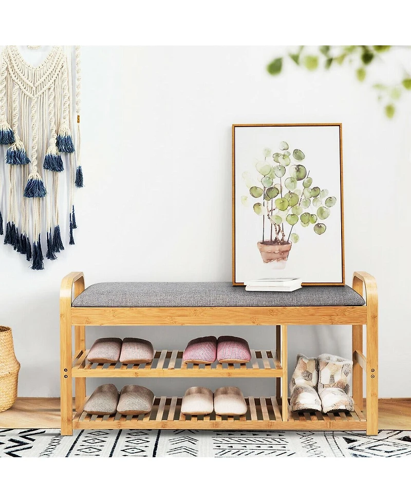 Sugift Bamboo Shoe Rack Bench with Cushion and Tiered Storage