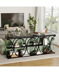 gaomon 39" Narrow Console Table for Entryway, Industrial 3-Tier Sofa Table, Round Metal Base, Storage Shelves