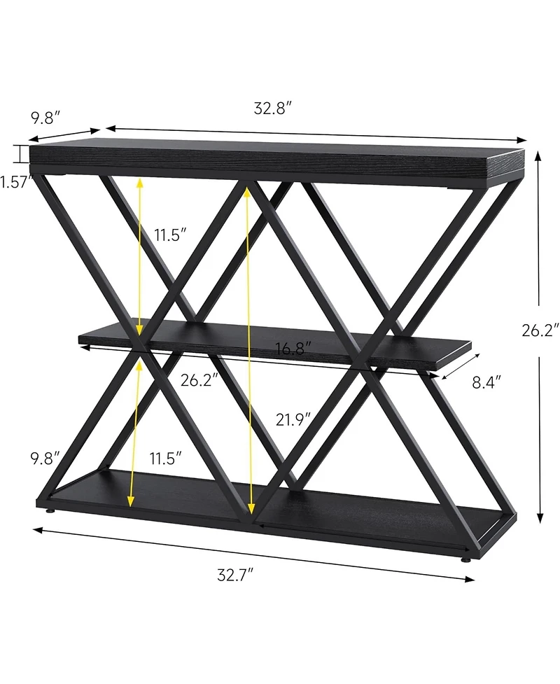 gaomon Industrial 3-Tier Console Table with X Metal Frame, Sofa Table with Storage Shelves, Entryway or Living Room