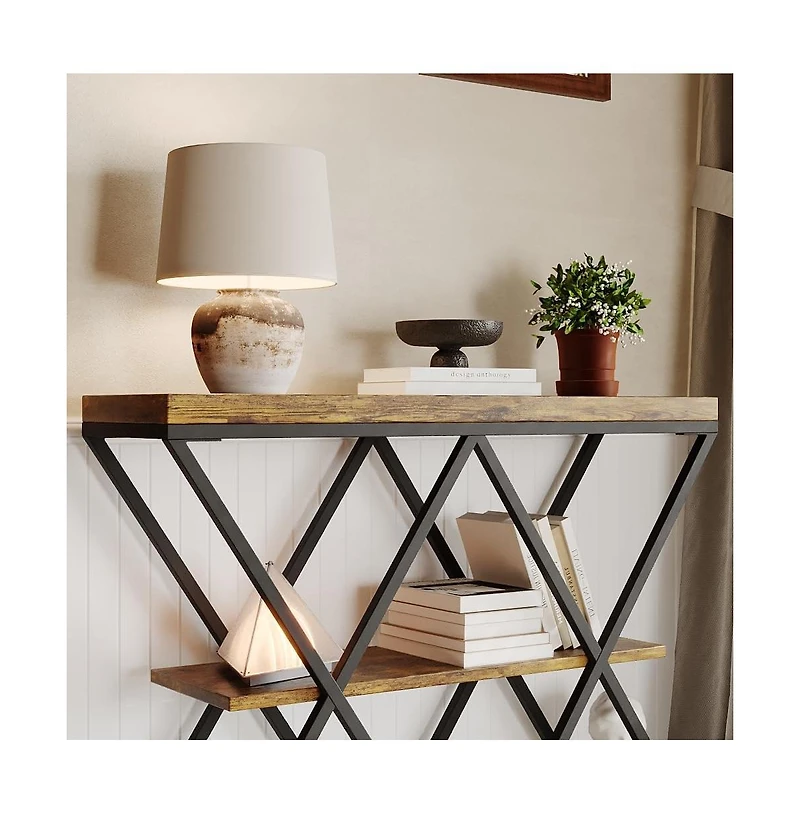 gaomon Industrial 3-Tier Entryway Table, Double X Metal Frames, 2 Storage Shelves, Rustic Wood, Living Room or Hallway