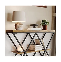 gaomon Industrial 3-Tier Entryway Table, Double X Metal Frames, 2 Storage Shelves, Rustic Wood, Living Room or Hallway