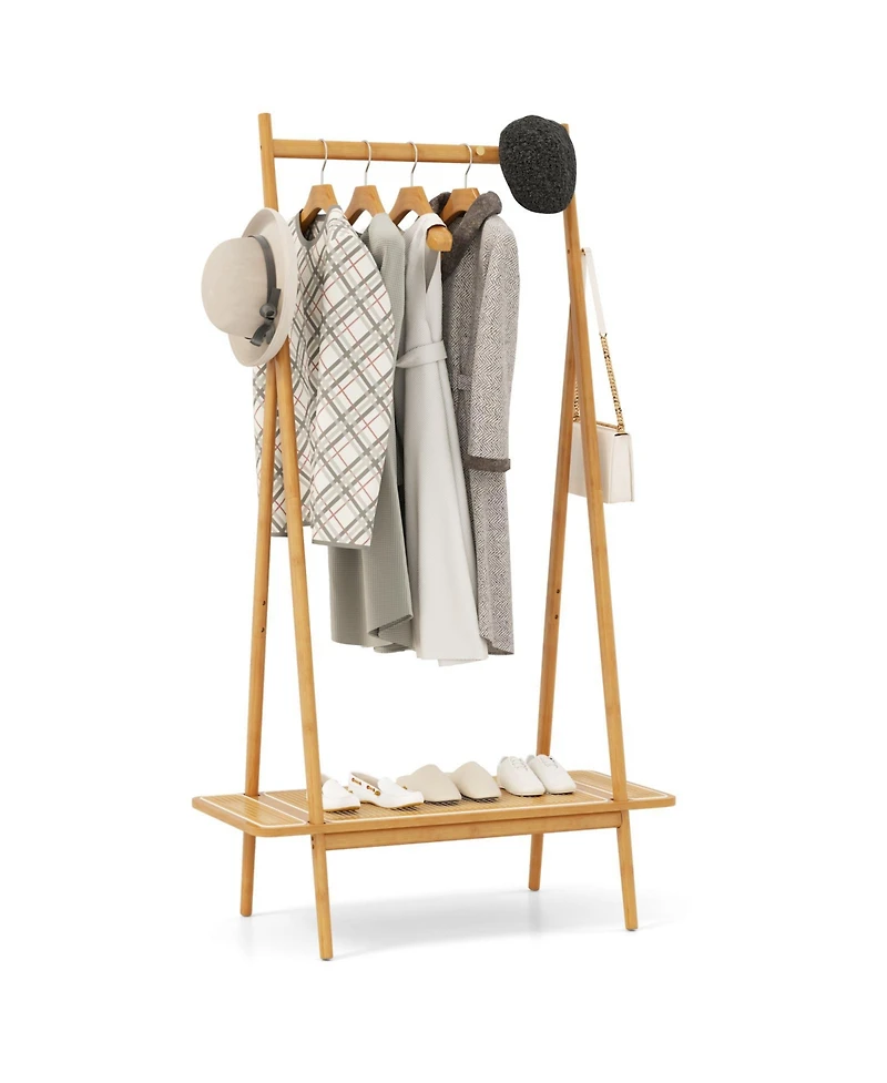 Sugift Bamboo Clothes Rack with Hanging Rod Shelf and Hooks