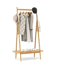 Sugift Bamboo Clothes Rack with Hanging Rod Shelf and Hooks