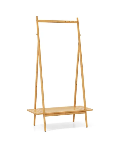 Sugift Bamboo Clothes Rack with Hanging Rod Shelf and Hooks