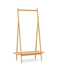 Sugift Bamboo Clothes Rack with Hanging Rod Shelf and Hooks