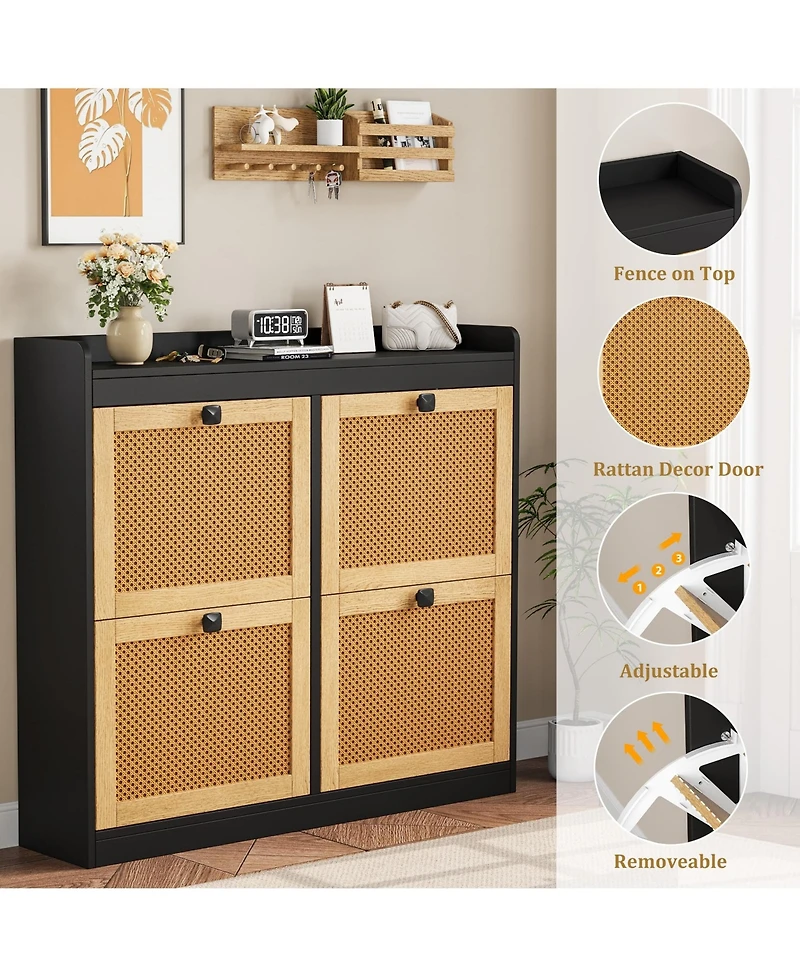 Homfan Shoe Cabinet Rattan with 4 Flip Drawers, Wooden Freestanding Organizer Adjustable Shelves, Storage for Entryway, Closet, Hallway