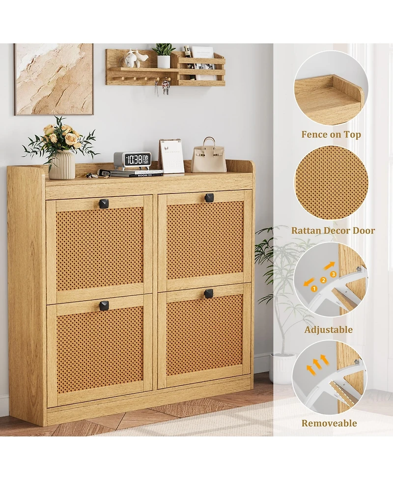 Homfan Wooden Rattan Shoe Cabinet with 4 Flip Drawers and Adjustable Shelves