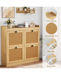 Homfan Wooden Rattan Shoe Cabinet with 4 Flip Drawers and Adjustable Shelves