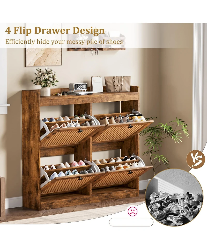 Homfan Rattan Wooden Shoe Cabinet with 4 Flip Drawers and Adjustable Shelves
