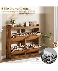 Homfan Rattan Wooden Shoe Cabinet with 4 Flip Drawers and Adjustable Shelves