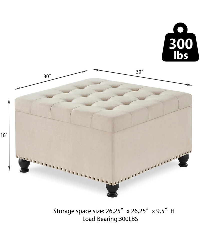 Rainsken Square Storage Ottoman - Upholstered Button Tufted, wooden legs and Nail Trims for Living Room, Bedroom