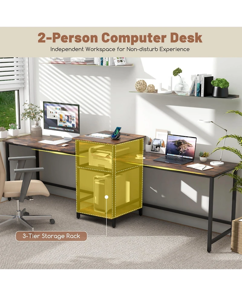 Sugift Two Person Computer Desk with Power Outlet and Printer Stand